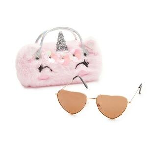 Heart Shaped Kids Sunglasses & Cute Faux Fur Pink Unicorn Case Set NEW